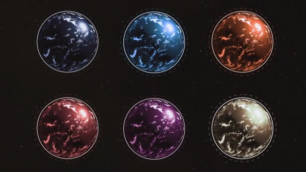 Шесть разноцветных планет в ряд, вращающихся над звездным темным пространством. — стоковое видео