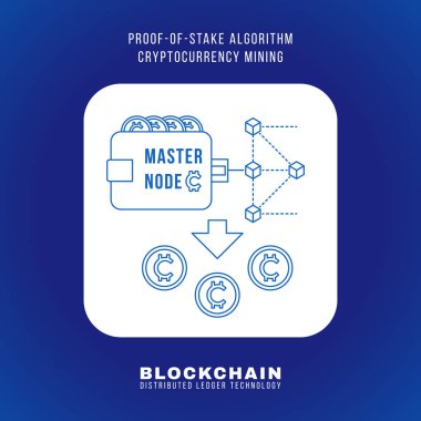vektör anahat tasarım blockchain kanıt hissesini algoritması cryptocurrency Pos araştırma ilkesi açıklamak düzeni resimde beyaz yuvarlak kare simgesi izole mavi adam