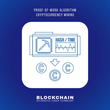 vektör anahat tasarımı Blockchain iş algoritması cryptocurrency Pow araştırma ilkesi kanıt açıklamak düzeni resimde beyaz izole kare simgesi mavi adam yuvarlak