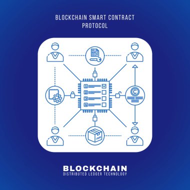 vektör anahat tasarımı Blockchain akıllı sözleşme iletişim kuralı ilkesi açıklamak düzeni resimde beyaz izole kare simgesi mavi adam yuvarlak