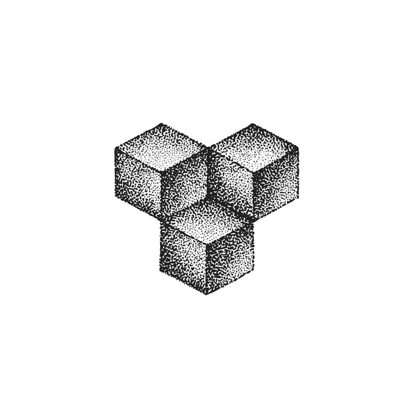 Vector Monocromo Negro Retro Punto Arte Dibujado Mano Cúbico Geométrico — Archivo Imágenes Vectoriales