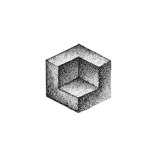 Vector Monocromo Negro Retro Punto Arte Dibujado Mano Cúbico Geométrico — Archivo Imágenes Vectoriales