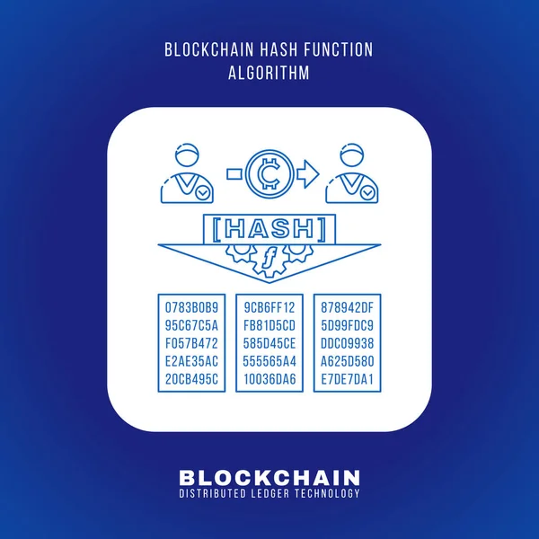 vektör anahat tasarımı Blockchain karma işlev algoritması ilke açıklamak düzeni resimde beyaz izole kare simgesi mavi adam yuvarlak