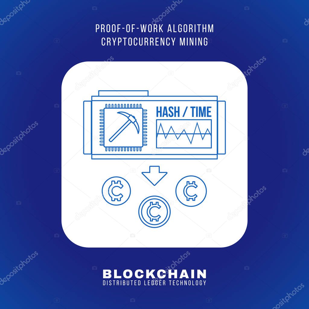 vector outline design blockchain proof of work algorithm cryptocurrency POW mining principle explain scheme illustration white rounded square icon isolated blue backgroun