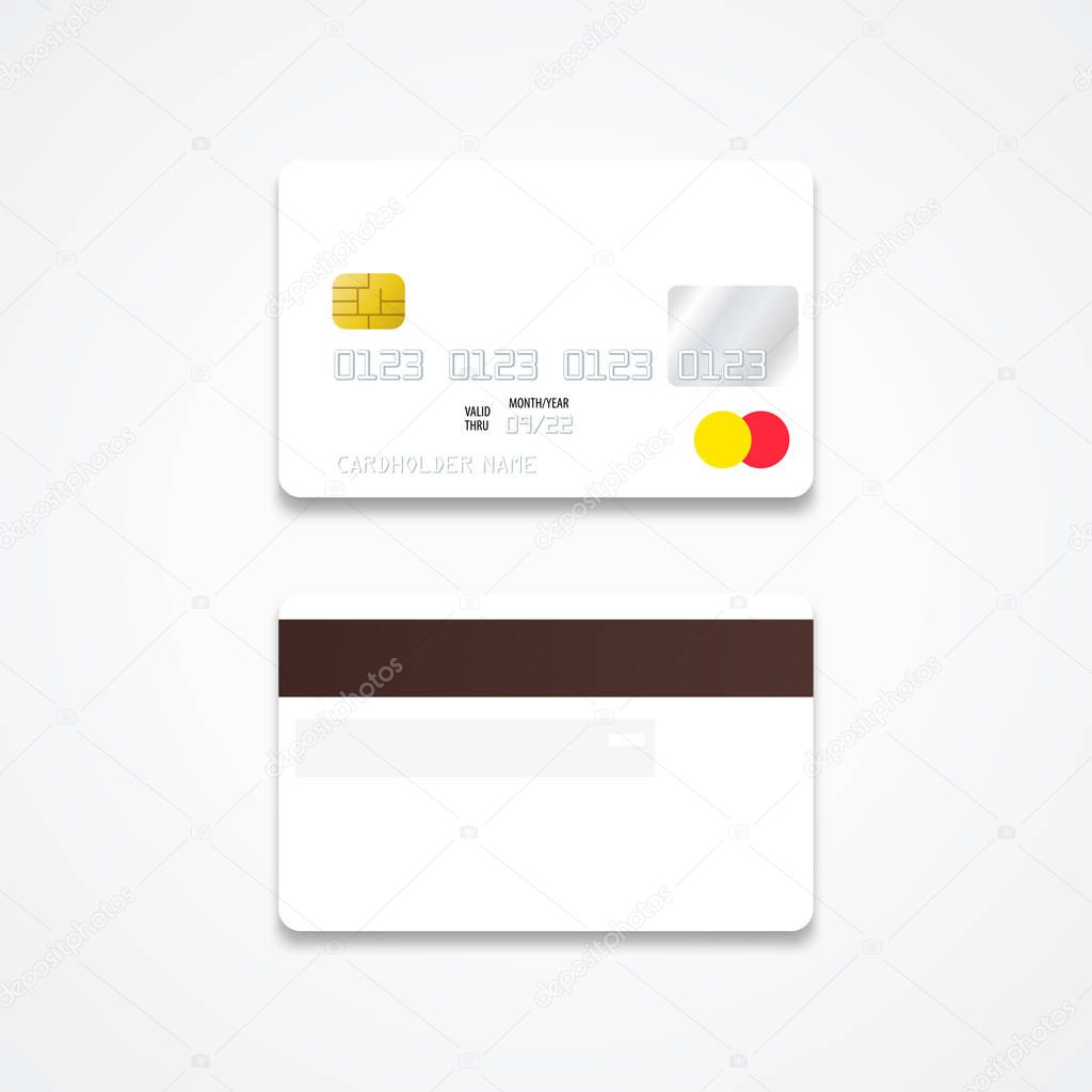vector mock up white blank plastic bank card face and back sides illustration realistic with shadow template design isolated on light backgroun