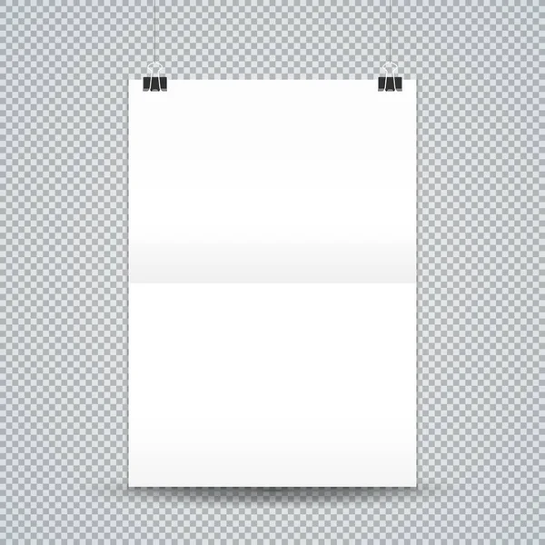 Векторний Білий Підвісний Паперовий Кліп Макет Порожній Плакат Складкою Реалістичною — стоковий вектор