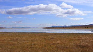 Çayır ve göl, gökyüzünde yüzen bulutlar