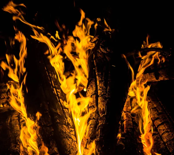 Las Lenguas Brillantes Anaranjadas Del Fuego Sobre Los Troncos Madera —  Fotos de Stock