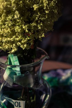Vazonun içinde para yerine sarı kuru çiçekler var. Çiçekler parasız büyür. Vazo parası Euro dolar
