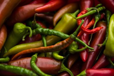 Tatlı acı ve acı biber yığını içinde yatıyor. Sarı yeşil biber arkaplan desen ekran koruyucu.