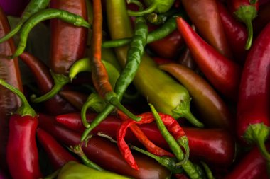 Tatlı acı ve acı biber yığını içinde yatıyor. Sarı yeşil biber arkaplan desen ekran koruyucu.