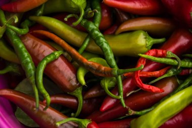 Tatlı acı ve acı biber yığını içinde yatıyor. Sarı yeşil biber arkaplan desen ekran koruyucu.