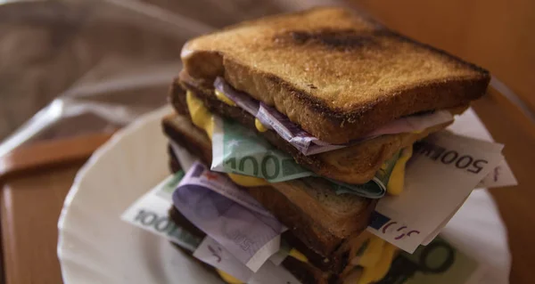 Ekmek ve para sandviçi. Peynir soslu Euro dolar. Peynir sosuna bulanmış para, yemek, para ve yiyecek. dağınık para