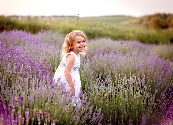 Menina engraçada em um vestido branco em um campo de lavanda — Fotografia de Stock
