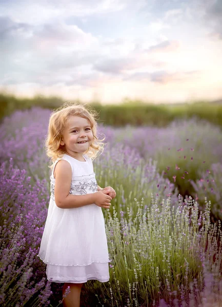Zabawna dziewczynka w białej sukni w polu lawendy o zachodzie słońca — Zdjęcie stockowe
