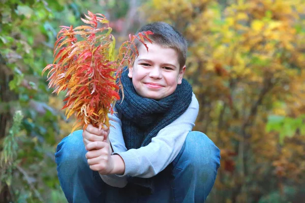 Mladý chlapec v podzimním parku u jezera — Stock fotografie