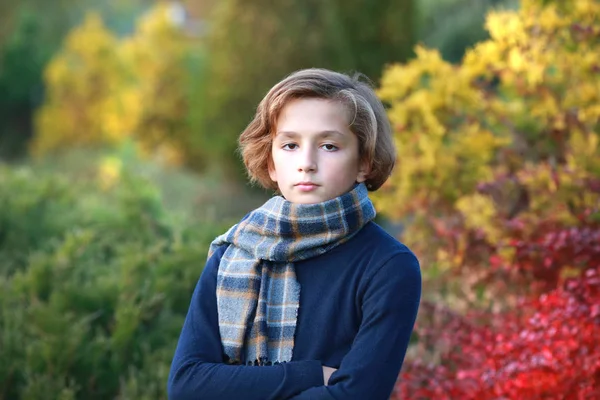 Jonge jongen in herfst Park in de buurt van het meer — Stockfoto