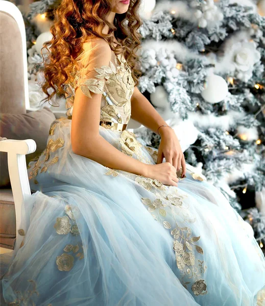 Menina de luxo em um vestido bonito sentado ao lado de uma árvore de Natal — Fotografia de Stock