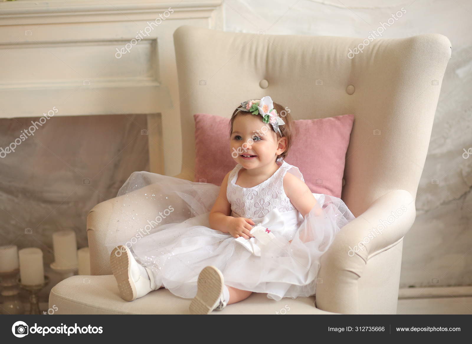Beautiful Baby Girl White Dress Small Comb Sits Chair Stock Photo by  ©Alina_Koval 312735666