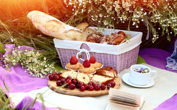 Useful food for a picnic in nature on a summer sunny day. Strawberries, cherries, pastries, tea from herbs. Concept of outdoor recreation and summer.