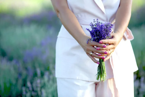 Bukett Lavendel Kvinnliga Händer Bakgrund Ett Grönt Landskap Sommaren Solig — Stockfoto