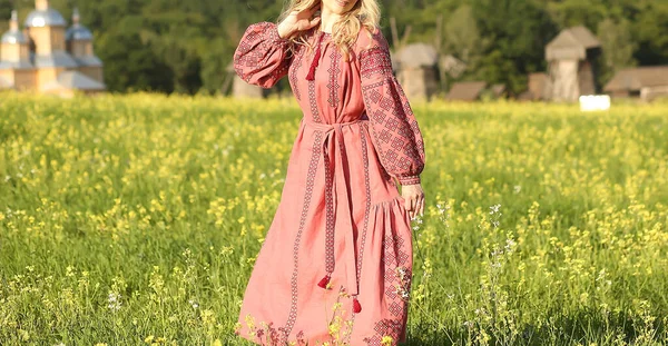 夏の日に黄色い花が咲く野原を刺繍で歩く伝統的な衣装を着た白人の女の子 伝統だ ファッションと美しさのコンセプト — ストック写真