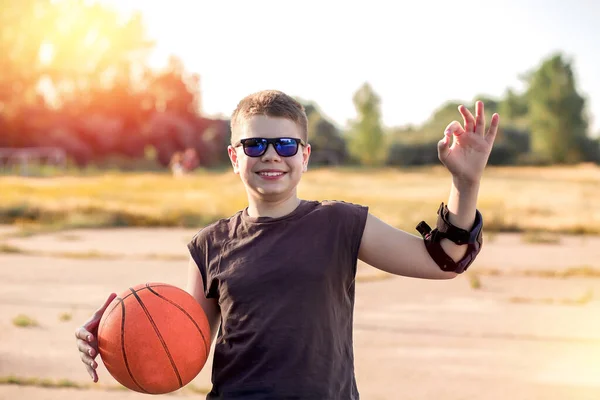 Caucasian Teenage Boy Close Blue Sunglasses Black Shirt Makes Sign — Stock Photo, Image