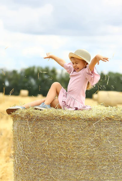 Banner Con Linda Chica Sonríe Con Sombrero Mimbre Vestido Rosa — Foto de Stock