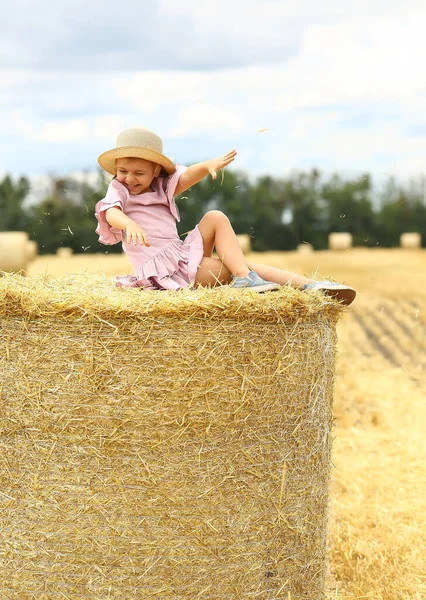 Bandiera Con Ragazza Carina Sorride Cappello Vimini Vestito Rosa Blu — Foto Stock