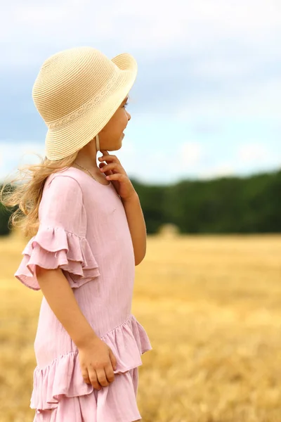 Caucasian Cute Girl Wicker Hat Pink Blue Dress Standing Mown — Stock Photo, Image