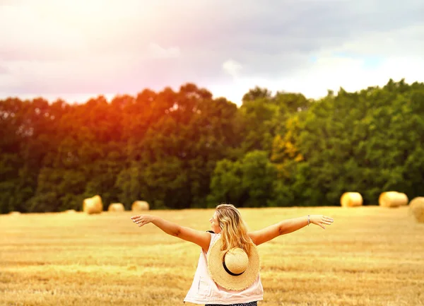 Young Caucasian Blonde Woman Raised Her Hands Sky Wings Mown — Stock Photo, Image