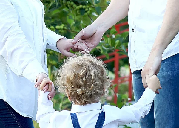 Μια Οικογένεια Ένα Μικρό Αγόρι Περπατά Κρατώντας Χέρια Στη Φύση — Φωτογραφία Αρχείου