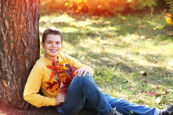 黄色の長袖シャツを着た白人の10代の少年と 秋の葉の花束で公園の木の近くに座っている青いジーンズを笑っています 公園内の小学生 秋のコンセプト右側のスペースをコピー — ストック写真