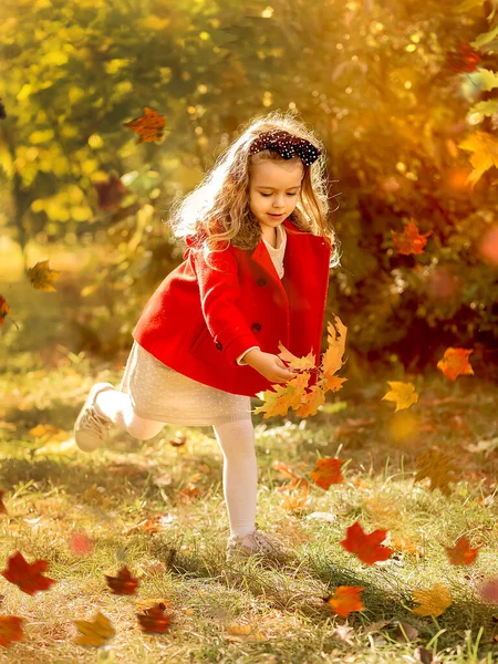 Szczęśliwa Dziewczynka Biegnie Parku Jesiennymi Liśćmi Jasnoczerwonym Płaszczu Szarą Dzianinową — Zdjęcie stockowe