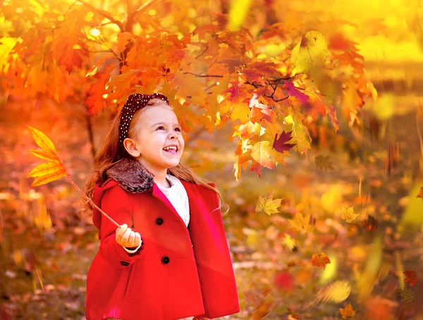 Szczęśliwa Dziewczynka Jasnoczerwonym Płaszczu Szarej Dzianinie Bawi Się Jesiennymi Liśćmi — Zdjęcie stockowe