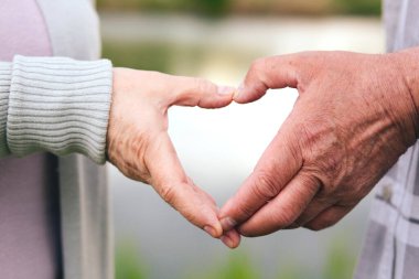 İlişki, aşk ve yaşlılar konsepti - son sınıf çifti el hareketi gösterirken yakın çekim. Doğa ve göl arkaplanı.