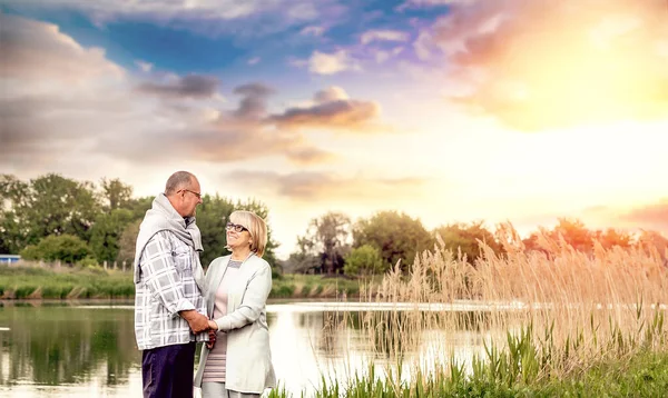 Vejez Las Relaciones Concepto Gente Feliz Pareja Ancianos Camina Tomados — Foto de Stock