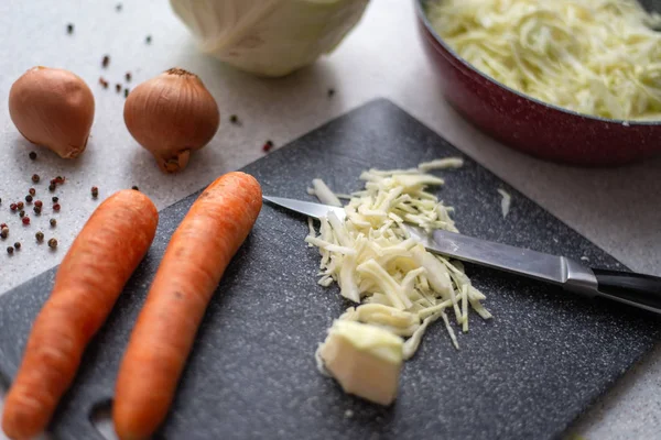 Ingredients for stewed cabbage, chili peppers, onions, carrots, cooking,  vegetables — Stock Photo, Image
