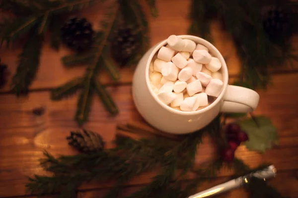 Cacao drink in a glass with marshmallow on wooden background Christmas drink — Stock Photo, Image