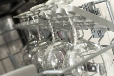 Şarap kadehleri bulaşık makinesinde ritmik olarak dizilmiştir..