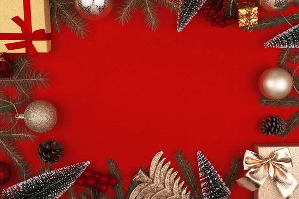 Rámeček Vánoční Výzdoby Červeném Pozadí — Stock fotografie