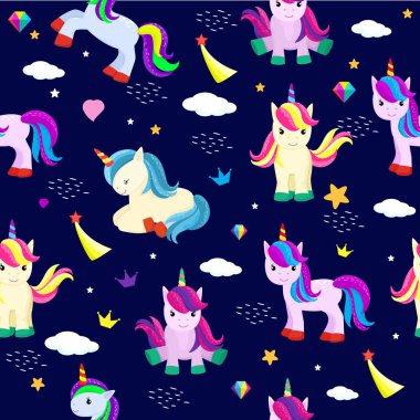 Çocuklar için şirin tek boynuzlu at Dikişsiz desen vektör arka plan