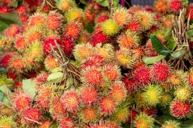 Taze rambutan ahşap bir tahta üzerine yerleştirilmiş.