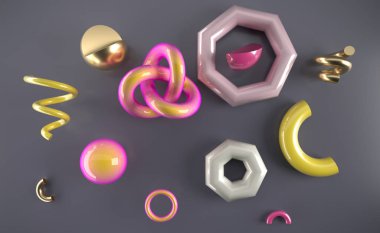 Beyaz arka plan üzerinde 3d render gerçekçi temel öğeler kümesi. Küreler, torus, tüpler, koni ve diğer geometrik şekiller trendy tasarımlar için altın, holografik cam renklerde.