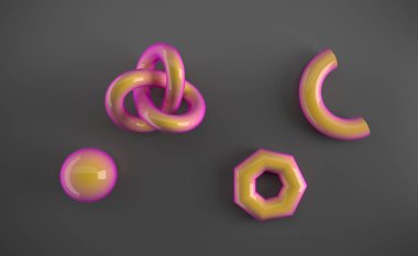Beyaz arka plan üzerinde 3d render gerçekçi temel öğeler kümesi. Küreler, torus, tüpler, koni ve diğer geometrik şekiller trendy tasarımlar için altın, holografik cam renklerde.