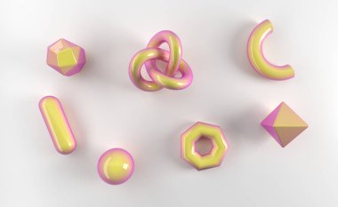 Beyaz arka plan üzerinde 3d render gerçekçi temel öğeler kümesi. Küreler, torus, tüpler, koni ve diğer geometrik şekiller trendy tasarımlar için altın, holografik cam renklerde.
