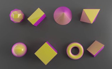 Beyaz arka plan üzerinde 3d render gerçekçi temel öğeler kümesi. Küreler, torus, tüpler, koni ve diğer geometrik şekiller trendy tasarımlar için altın, holografik cam renklerde.