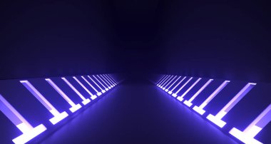 Neon ışıkları yalak ile gerçekçi karanlık bilimkurgu koridor duvarları 3d render