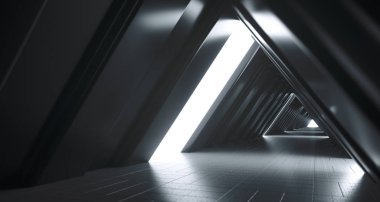 Beyaz ışıkları ve yansımaları ile fütüristik gerçekçi büyük bilimkurgu koridor. 3D render
