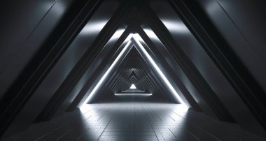 Beyaz ışıkları ve yansımaları ile fütüristik gerçekçi büyük bilimkurgu koridor. 3D render